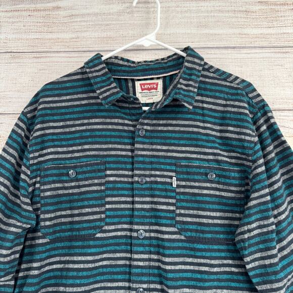 Levi's Linen Blend‎ Striped Button Down Shirt Men's Size Large Green/Blue/Black - Picture 3 of 13